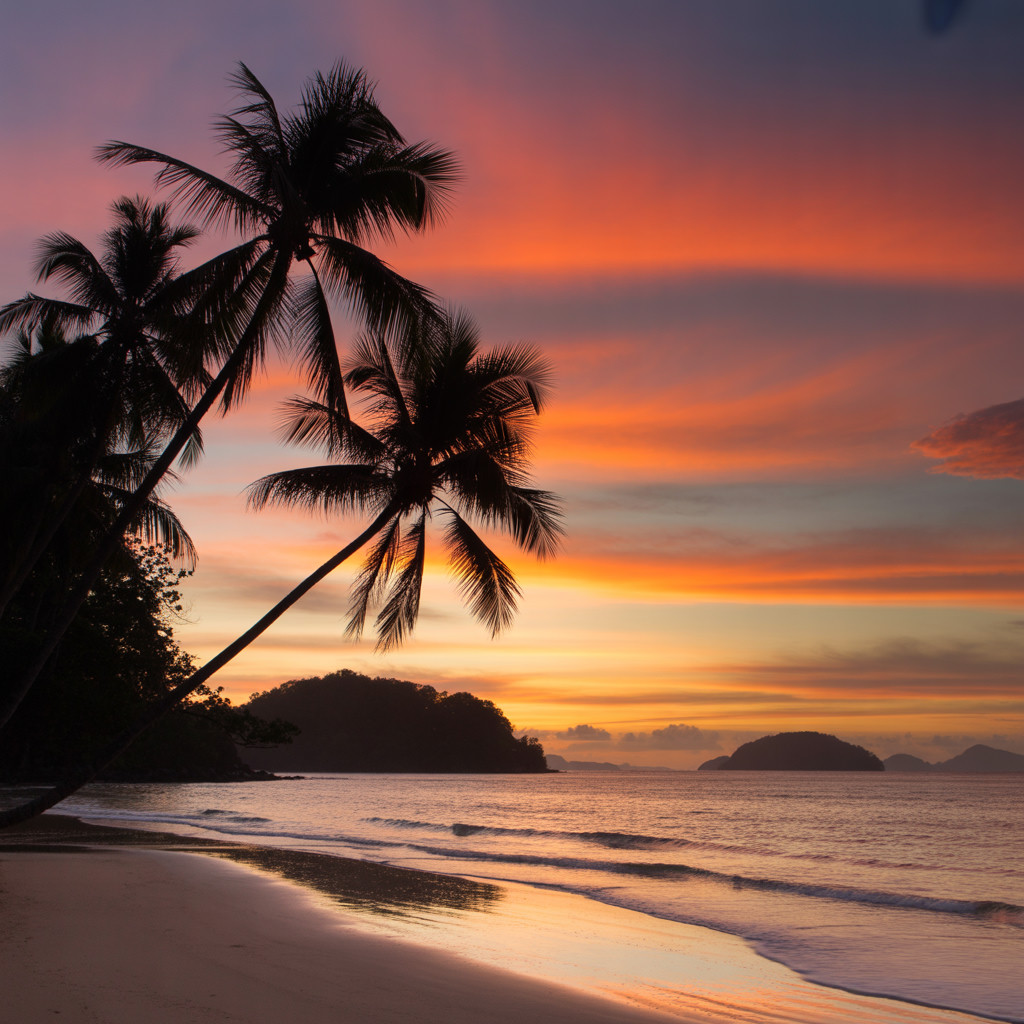 AI generated tropical beach sunset with coconut tree silhouettes against orange-red sky