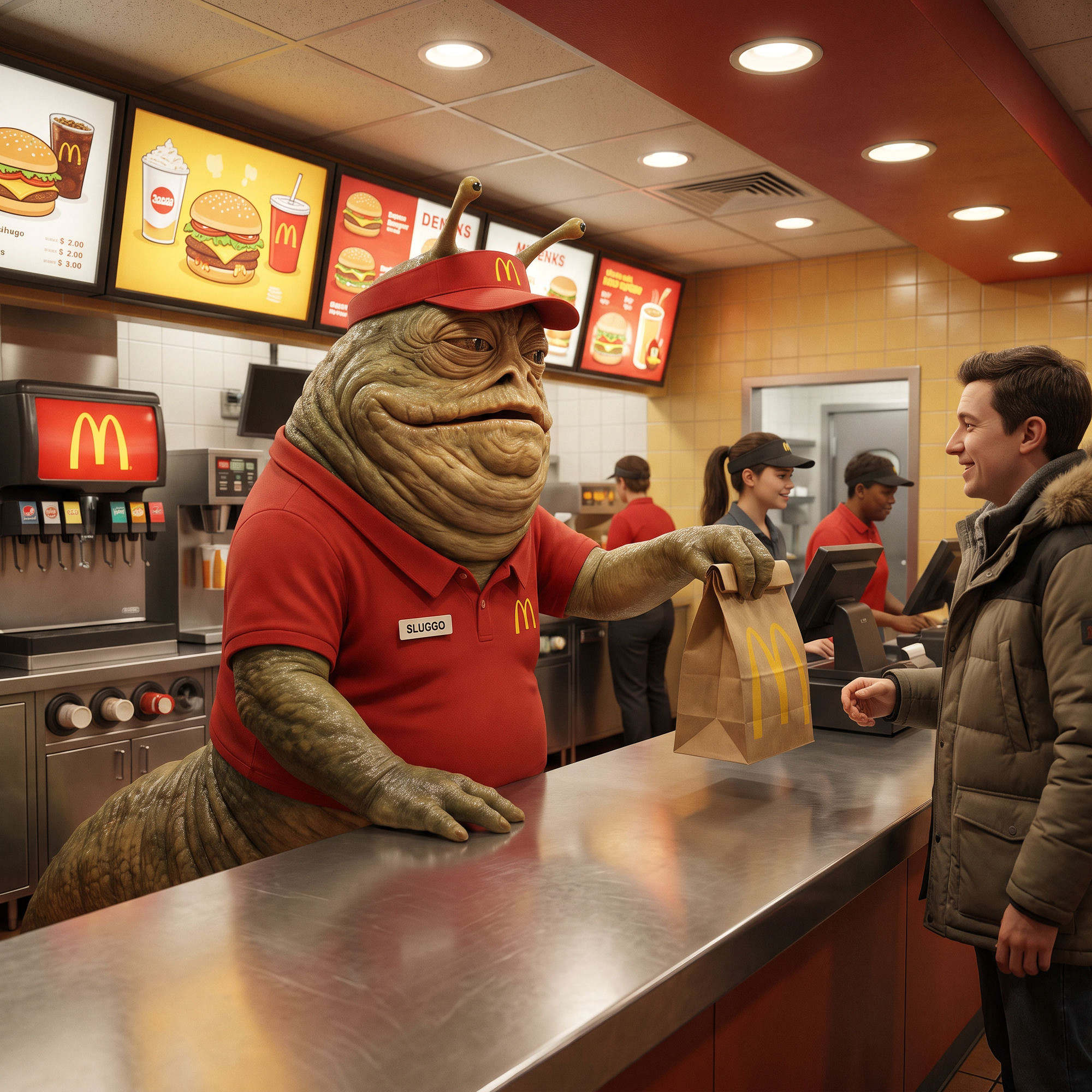 AI generated humorous scene of a slug-like alien working at a fast food restaurant, handing a paper bag to a customer