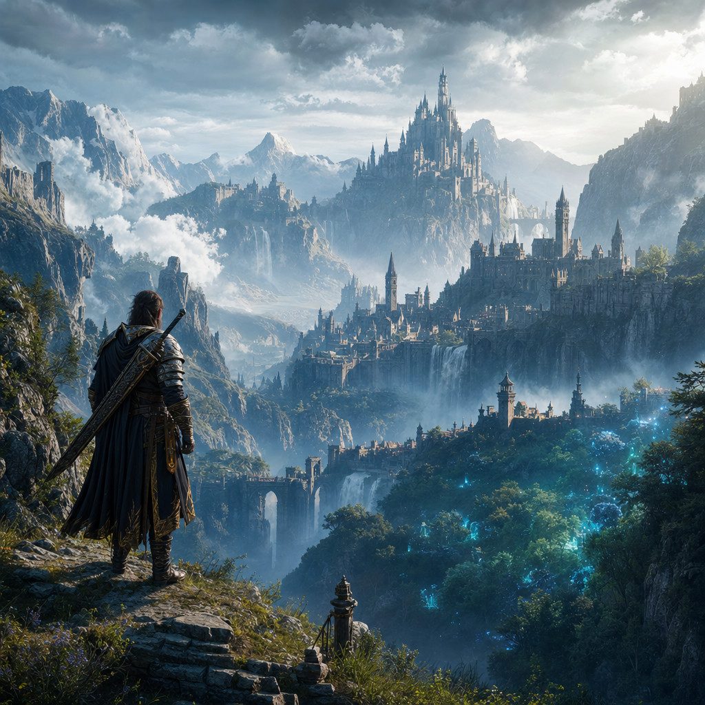 AI generated epic fantasy kingdom on a mountain valley with castles and glowing forests