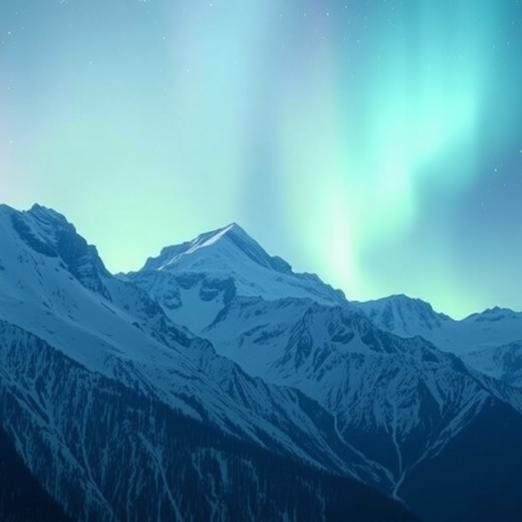 AI generated snow-covered mountain peaks with aurora dancing in the sky