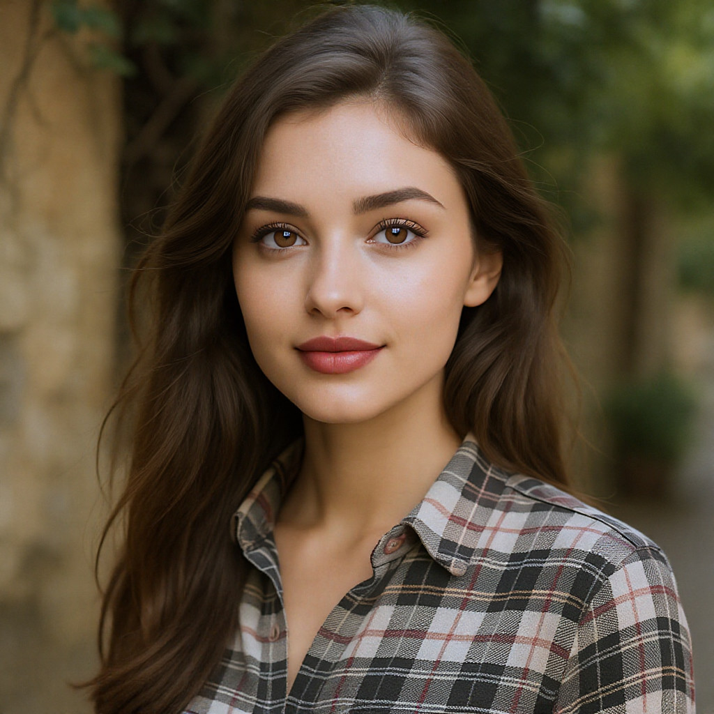 AI generated portrait of a naturally beautiful European woman with long flowing hair and big eyes, wearing a plaid shirt